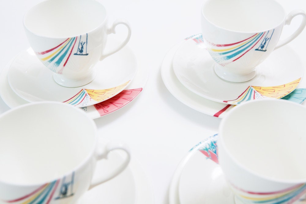Teatime at the Circus // bone china teacup, saucer and plate set
