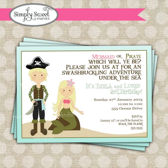 Mermaid and Pirate Birthday Party printable file for 5x7 invitation Il_570xn
