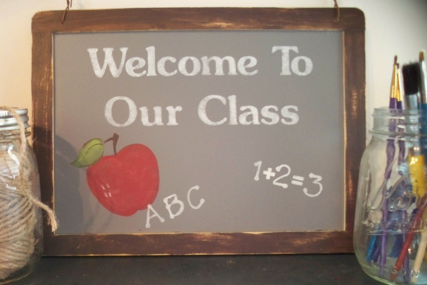 welcome to our class painted chalkboard sign teacher classroom school days teacher gift apple red made in Montana