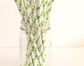 GREEN DOT Straws- green polka dot straws- cake pop sticks- paper straws with Printable Flags-50 count