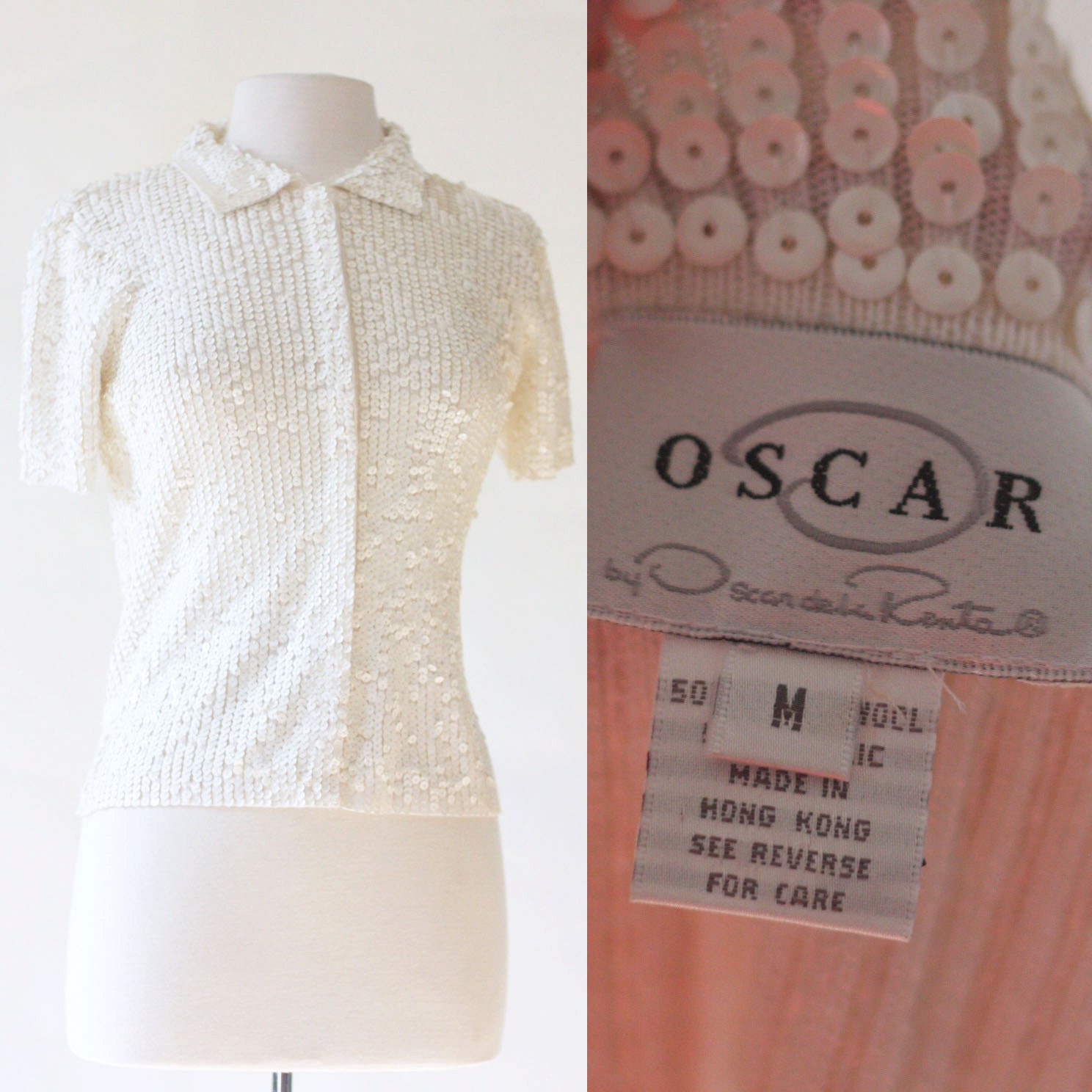 Oscar De La Renta Sequin Shirt  / White Sequin Designer Shirt Size: M