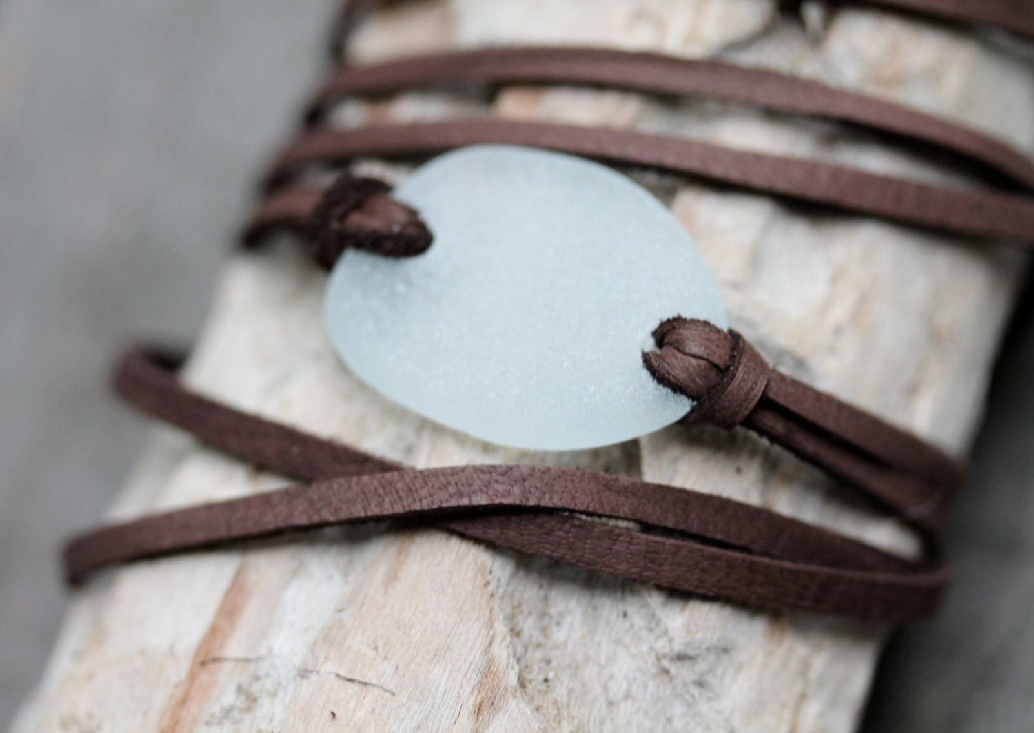 Sea Glass & Leather Wrap Bracelet or Necklace - Light Aqua