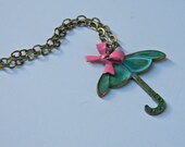 Spring Showers Fuschia Bow & Verdigris Patina Umbrella Necklace