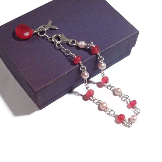 Breast Cancer Awareness Bracelet, Sterling Silver Wire Wrapped Bracelet, Pink Pearl and Gemstone Dangle Bracelet