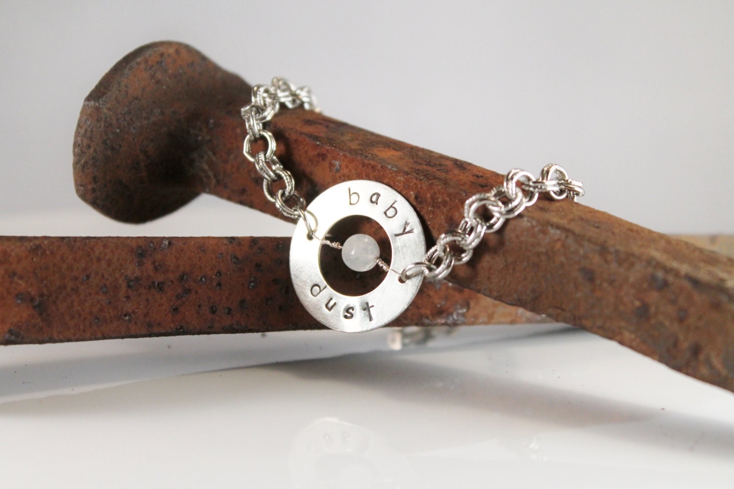 Baby Dust Fertility Bracelet - hand stamped with moonstone bead suspended Mother's Day Gift