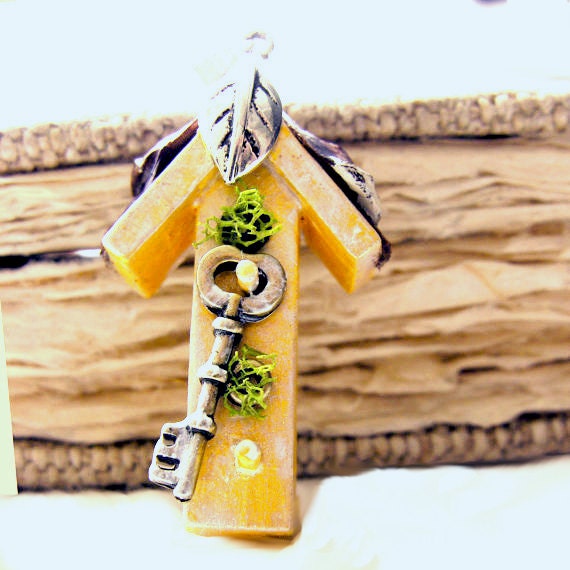 Yellow Bird House Necklace, Pendant, Shabby, Woodland