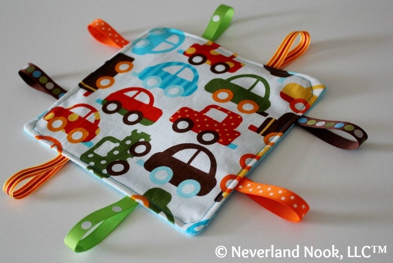 Crinkle Ribbon Sensory Cars Toy - Crinkle Car Blanket - Sensory Toy - Baby Tag Toy - Robert Kaufman Fabric - Baby Shower Gift