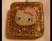 Kawaii Resin Pendant, Hello Kitty Gold Glittered With Handmade Chain
