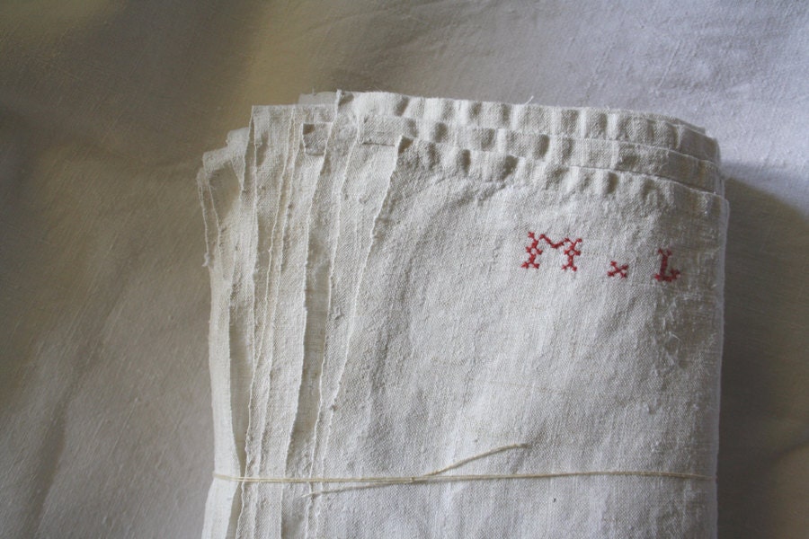 FREE SHIPPING // Antique French pure Linen sheet .Cross stitched initials "ML".1800s linen.