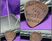 Where Words Fail Music Speaks Copper Guitar Pick Handstamped necklace - Custom Hand Stamped necklace