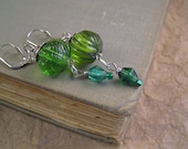Green glass dangle earrings. Vintage style bead lever-backs. Victorian style handmade jewelry