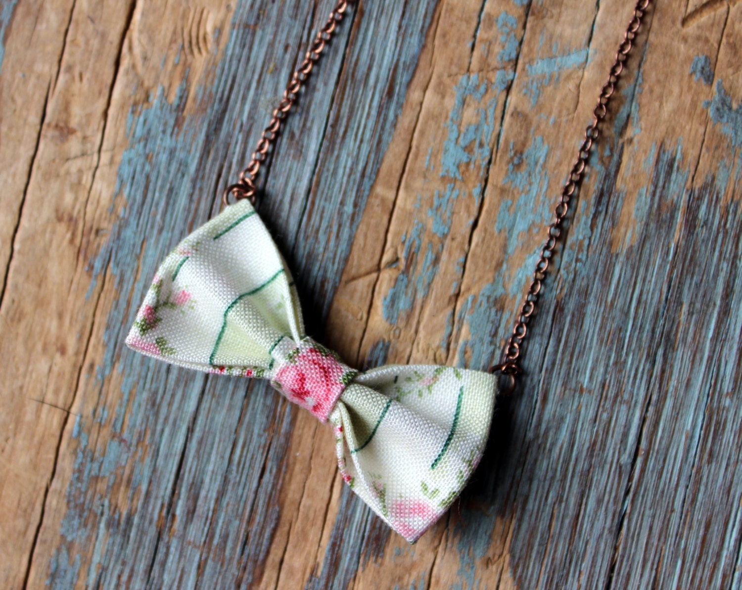 mini bow tie necklace : pink and mint green floral stripe one of a kind, ready to ship fabric bow necklace