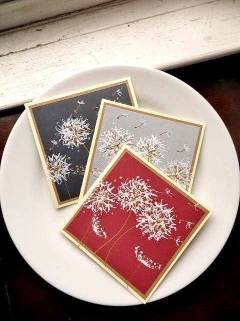 Dandelions Original Art Greeting Card Set, Hand Painted Cards, Blank Stationary, Navy Blue Slate Grey Burgundy Red