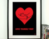 Red heart black love quote poster print art - Love yourself first - A3