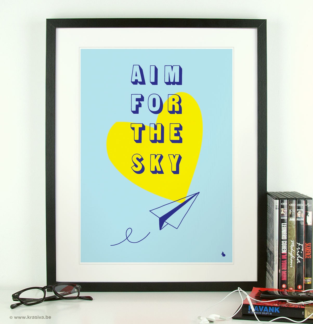 Motivational blue paper plane yellow heart quote poster print art - Aim for the sky - A3