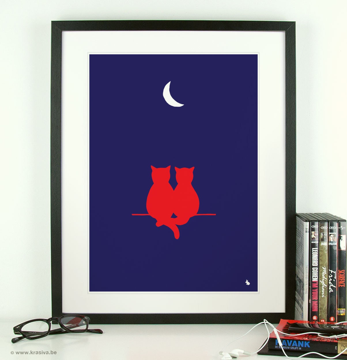 Red cats in love at night white moon dark blue art print poster - Love cats - A3