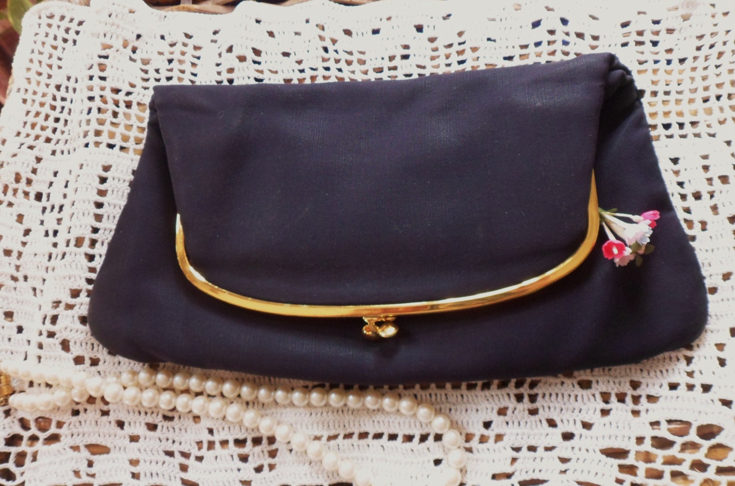 Black Satin Coblentz Original Fold-Over Style Clutch, Five Piece Evening Bag, Purse with Change Purse, Mirror and Tortoise Comb