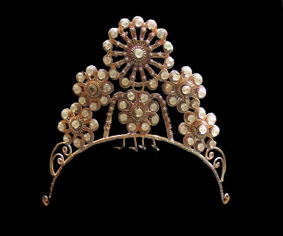 VINTAGE BRIDAL TIARA. Traditional Indonesian Gold Gilt  & Clear Glass Stones Wedding Tiara, Exquisite Wedding Adornment.