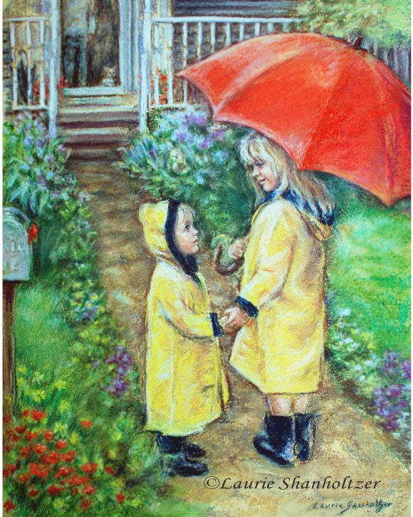 children Brother sister Raincoats Red umbrella reproduction Nursery art boy  girl