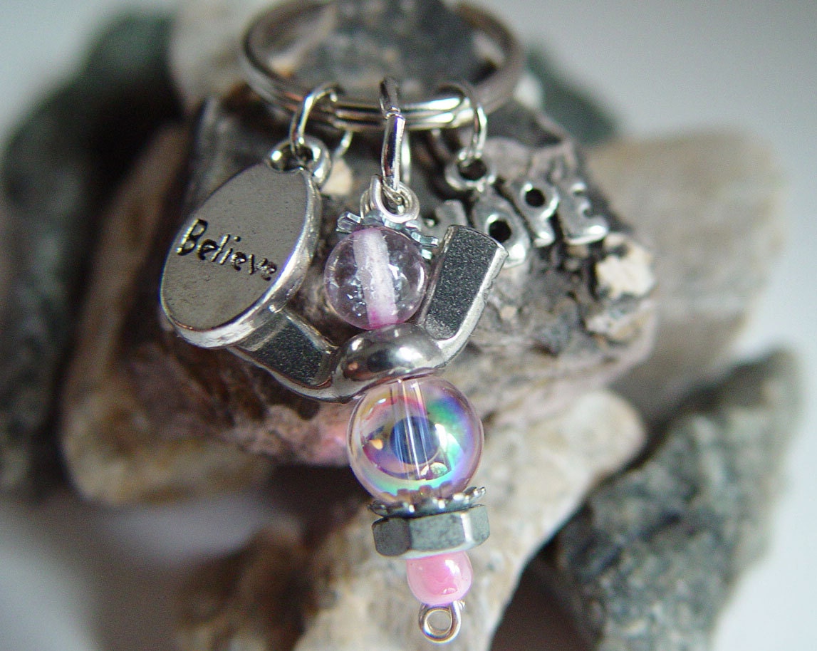Baby Pink Beaded Silver Wingnut "Hope & Believe" Angel Charm Keychain