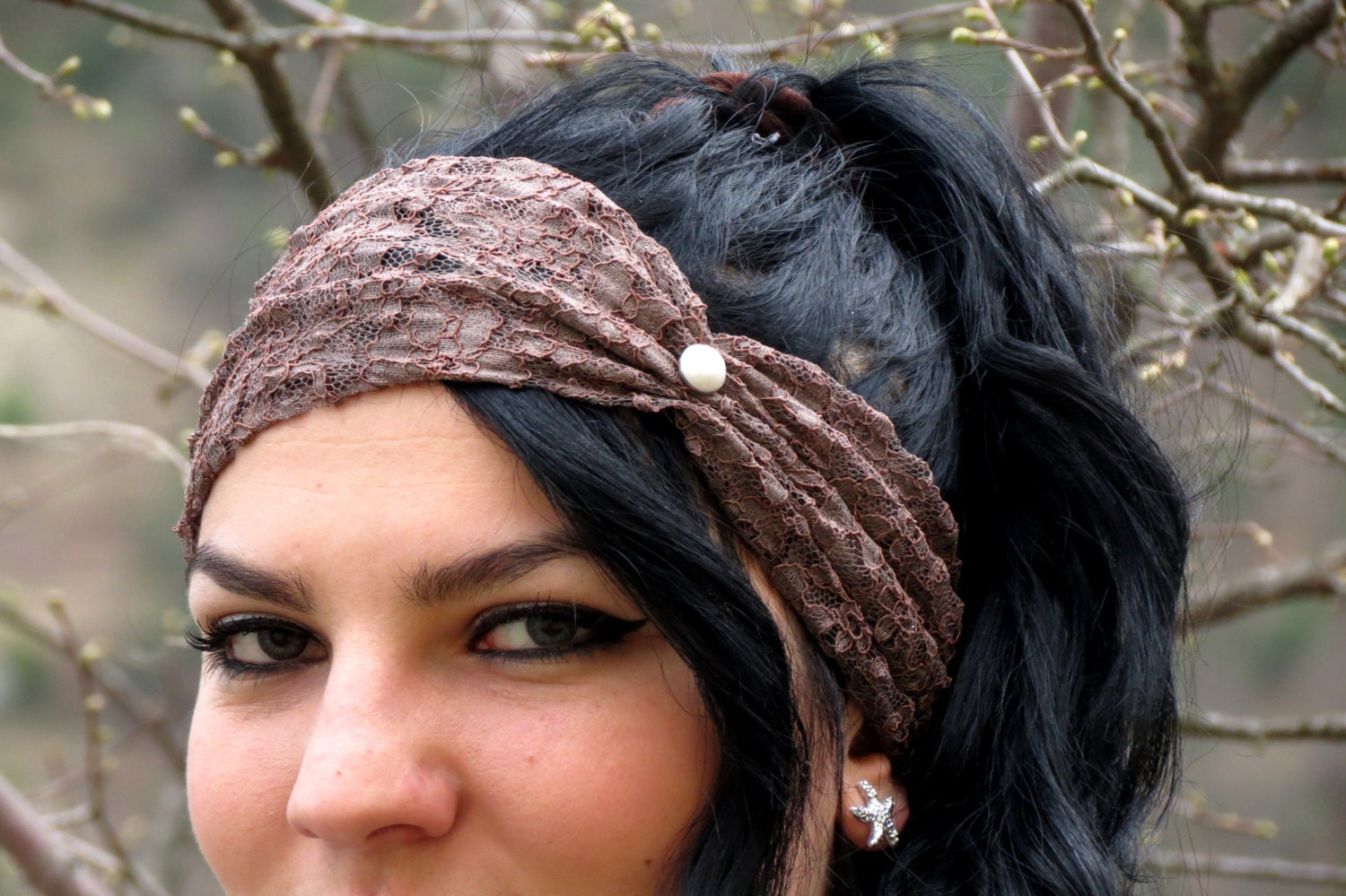 Brown Lace Headband With Pearl Button / Wide Lace Black Headband Shadow Black Stretch Lace Head Wrap Stretchy Bohemian Headband