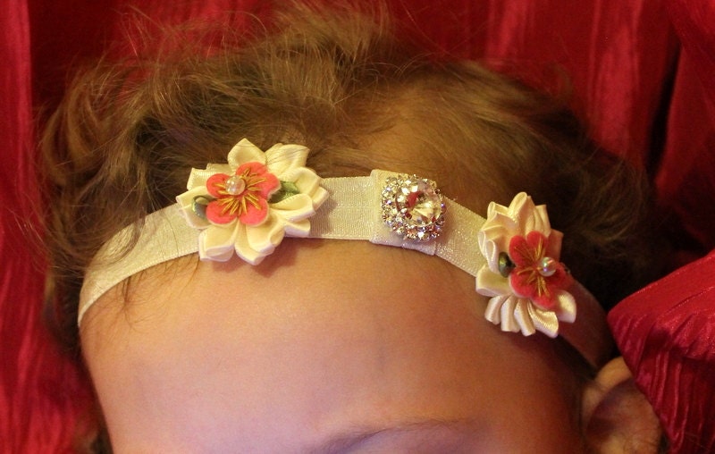 infant hair accessory- infant toddler headband-headband-photo prop- rhinestone center-ivory satin flower-ivory pink headband