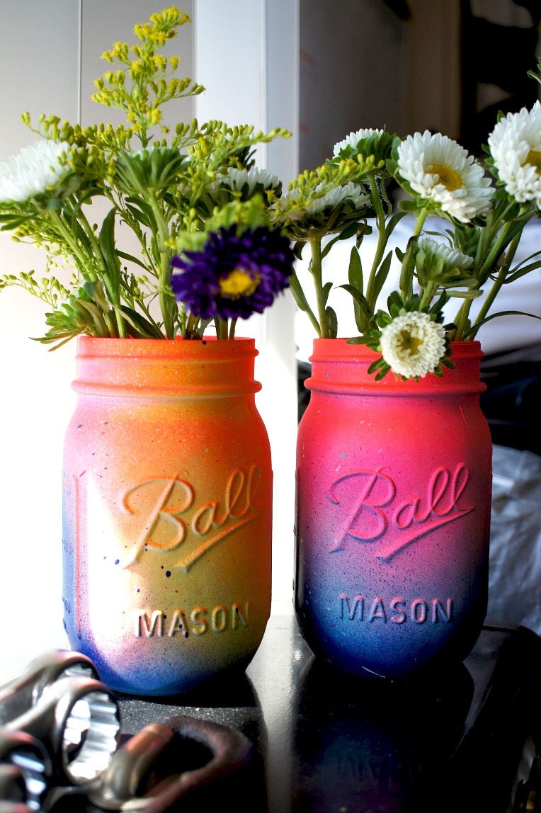 Set of 2 Neon Pink and Yellow Ombre Galaxy Mason Jar- Cosmic Inspired - Gorgeous Handmade - Super Unique One-of-a-kind Spring Bright Colors