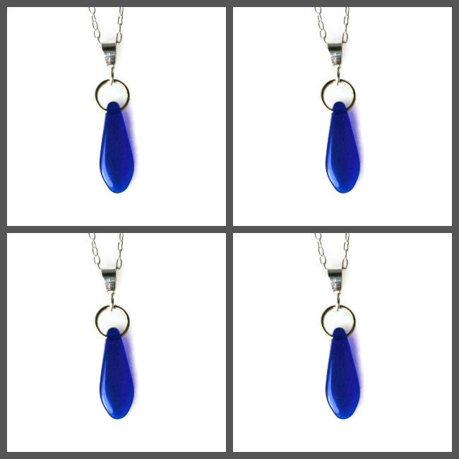 Bridal Bridesmaids Pendant Necklace Sterling Silver Deep Blue Glass Silver Minimalist x 4
