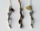 Twig necklace - sterling silver cast willow branch necklace with garnet