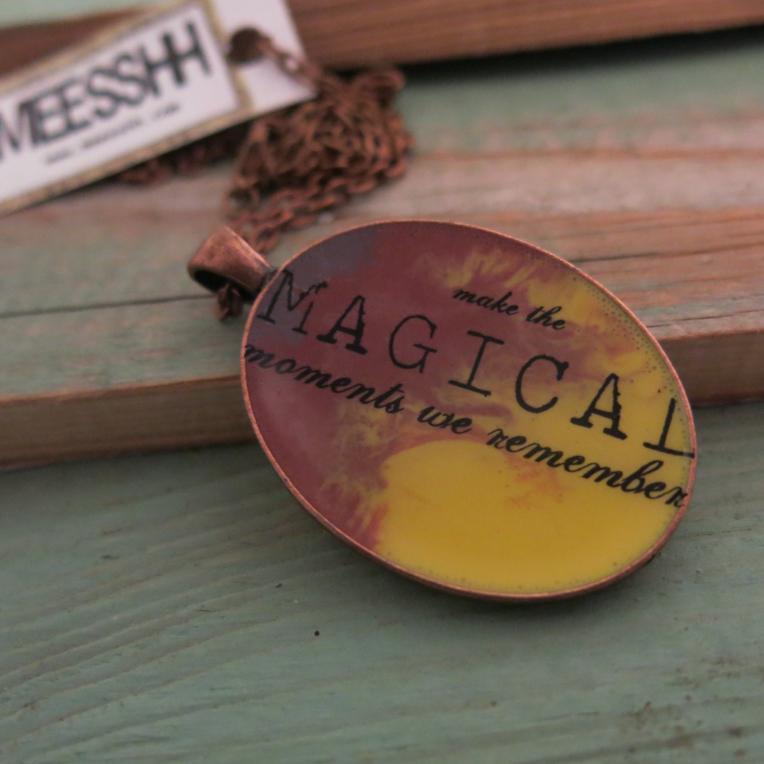 Make the agical moents we remember' resin pendant necklace.  Purple and yellow. Large oval 30 x 40mm