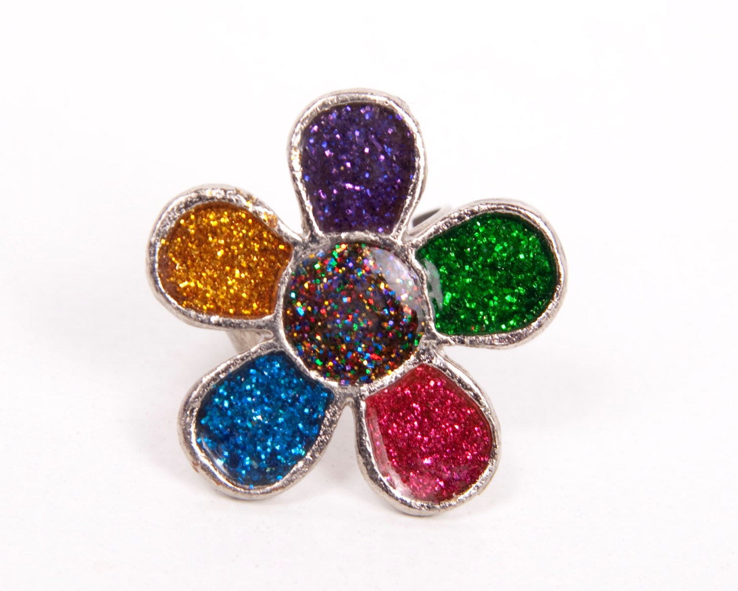 Vintage Flower Power Ring Retro Jewelry Multi Color Daisy Glitter Enamel Silver Tone Hippie