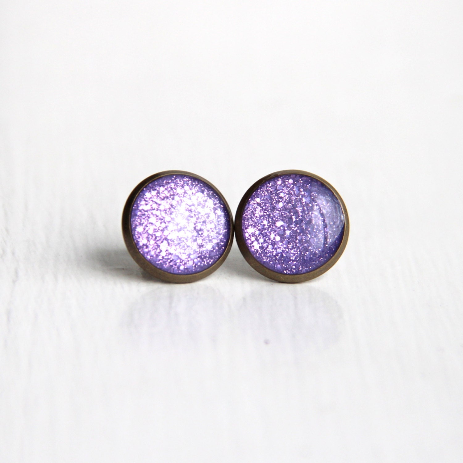 Purple Stud Earrings, Lavender Studs, Resin Jewelry, Lilac Glitter Earrings, Sparkle Earrings, Faux Plugs - LAVENDER
