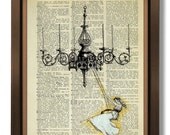 DIGITAL PRINT - Surreal Art Print, Surreal Print, Happy Swinging Girl-Cute Artwork Painting on Vintage Dictionary print Dictionary art print
