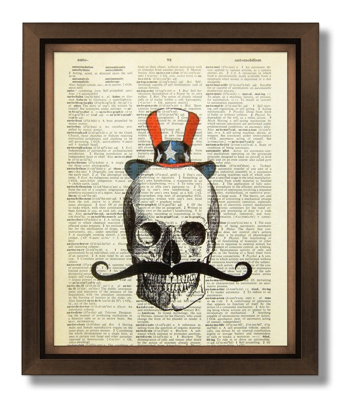 SKULL ART PRINT, Dictionary Art, Skull Retro Art Skull Illustration Skull Wall Art Skull Drawing Skull Poster Artwork - Uncle Skull Mustache