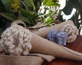 Burlap Flower Cone with Tattered Rose, Set of 3, Handmade Rose, 13" long, Wedding Favor, Isle Decor, Floral Display, all natural, go green