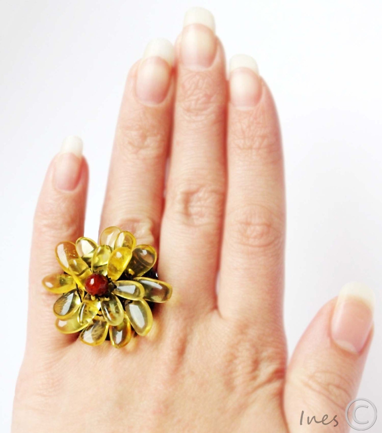 Baltic Amber Lemon Flower Ring