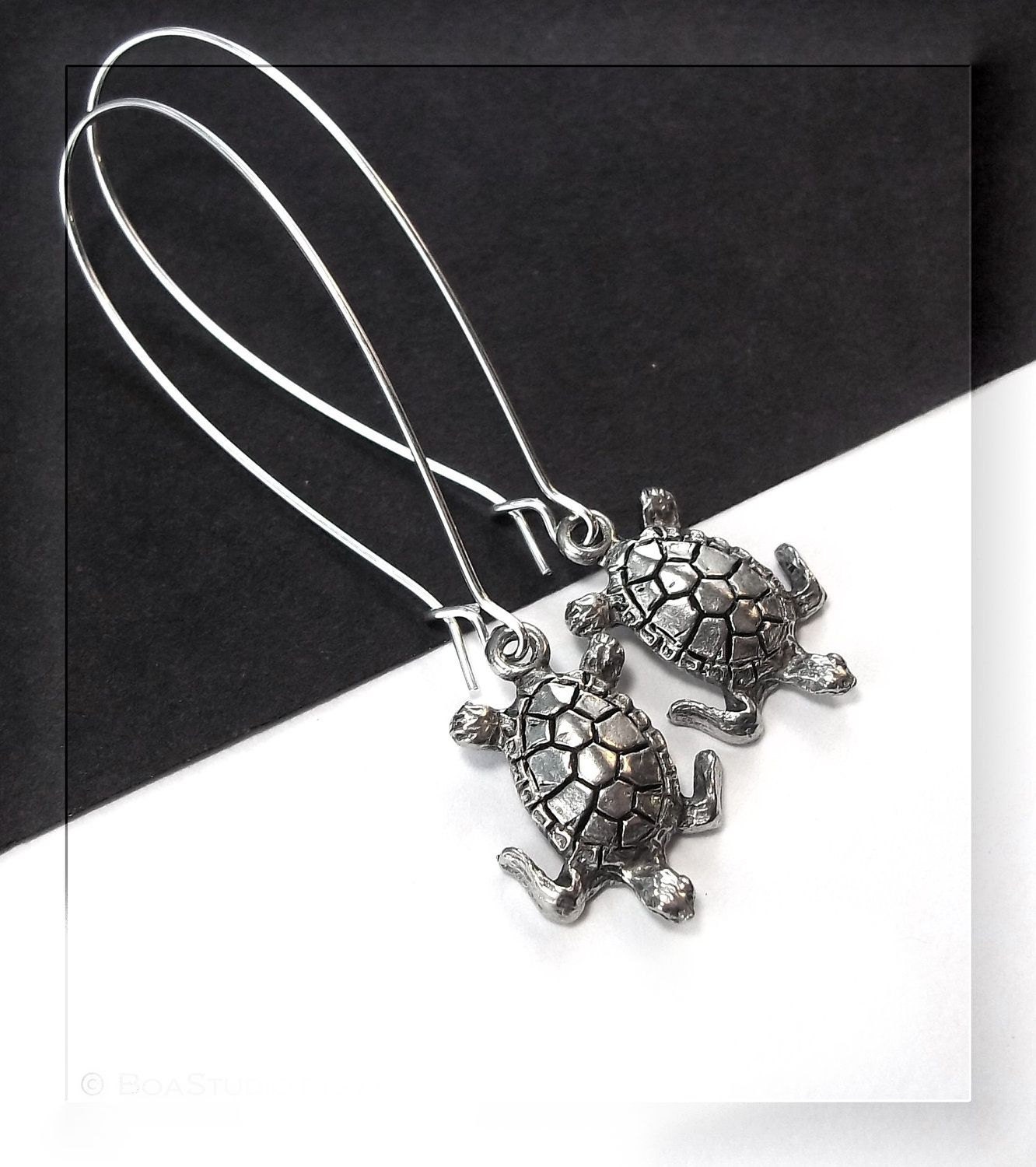 Sea Turtle Earrings -  Silver Turtle Jewelry, Long Dangle Earrings