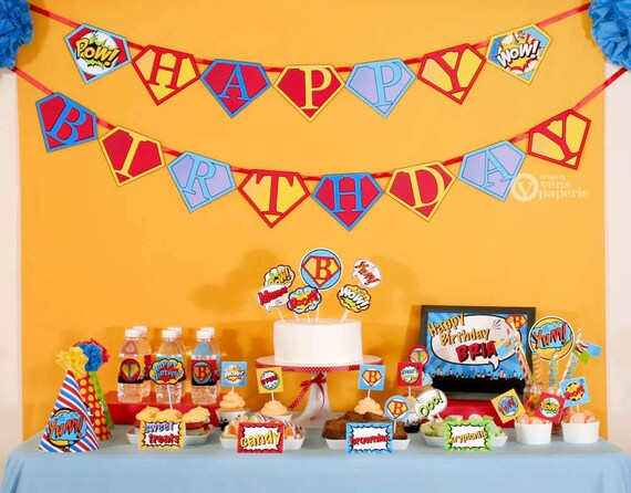 Superhero Birthday Party Package Personalized FULL Collection Set - PRINTABLE DIY - PS825CA1x Il_570xn