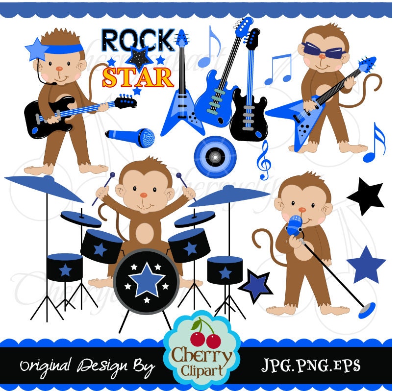 Cool Rock Star Boy Monkeys digital clipart set-Personal and Commercial Use- for Card Design, Scrapbooking, and Web Design