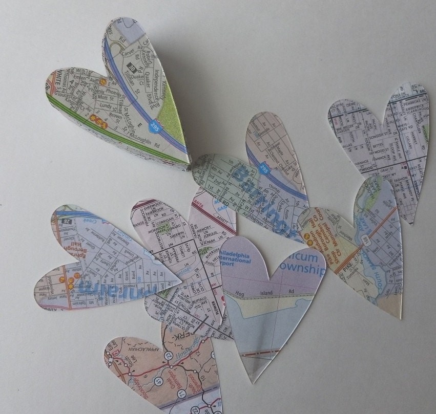 100 Handmade Die Cut Large Hearts, Maps, Scrapbooking, Card Making, Confetti