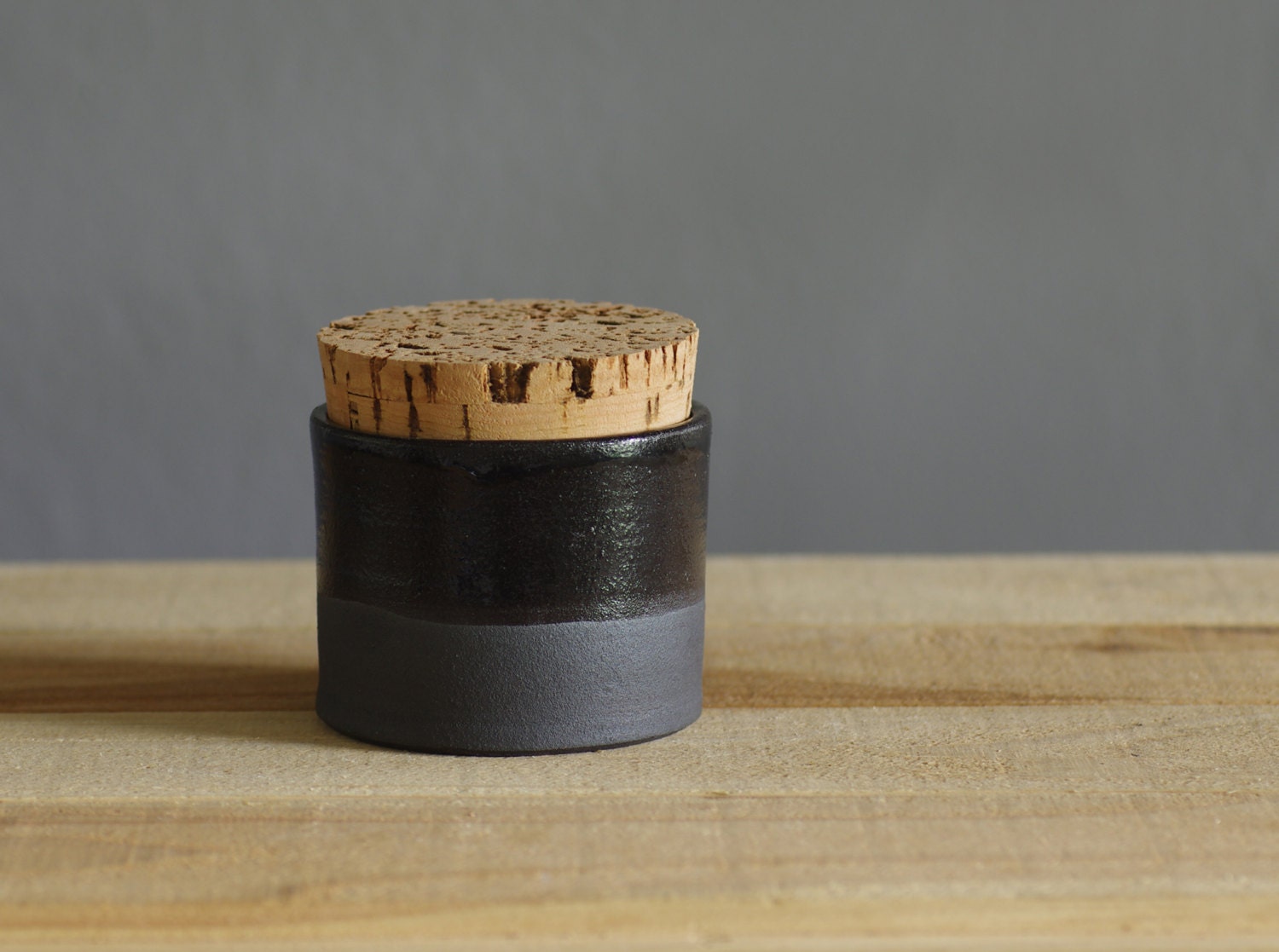 MTO small black canister . black stoneware corked container . salt cellar modern pottery