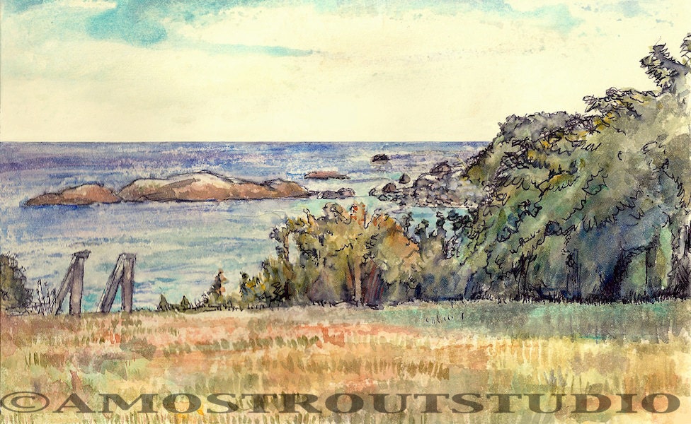 Deep summer seascape, fine art print, wall art, decor, beach art, Little Compton Rhode Island, Blue Green Orange 8.5x11