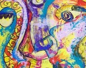Abstract  faces yellow blue red original art  home office decor 19x25 mixed media on paper Valentine sweetheart gift