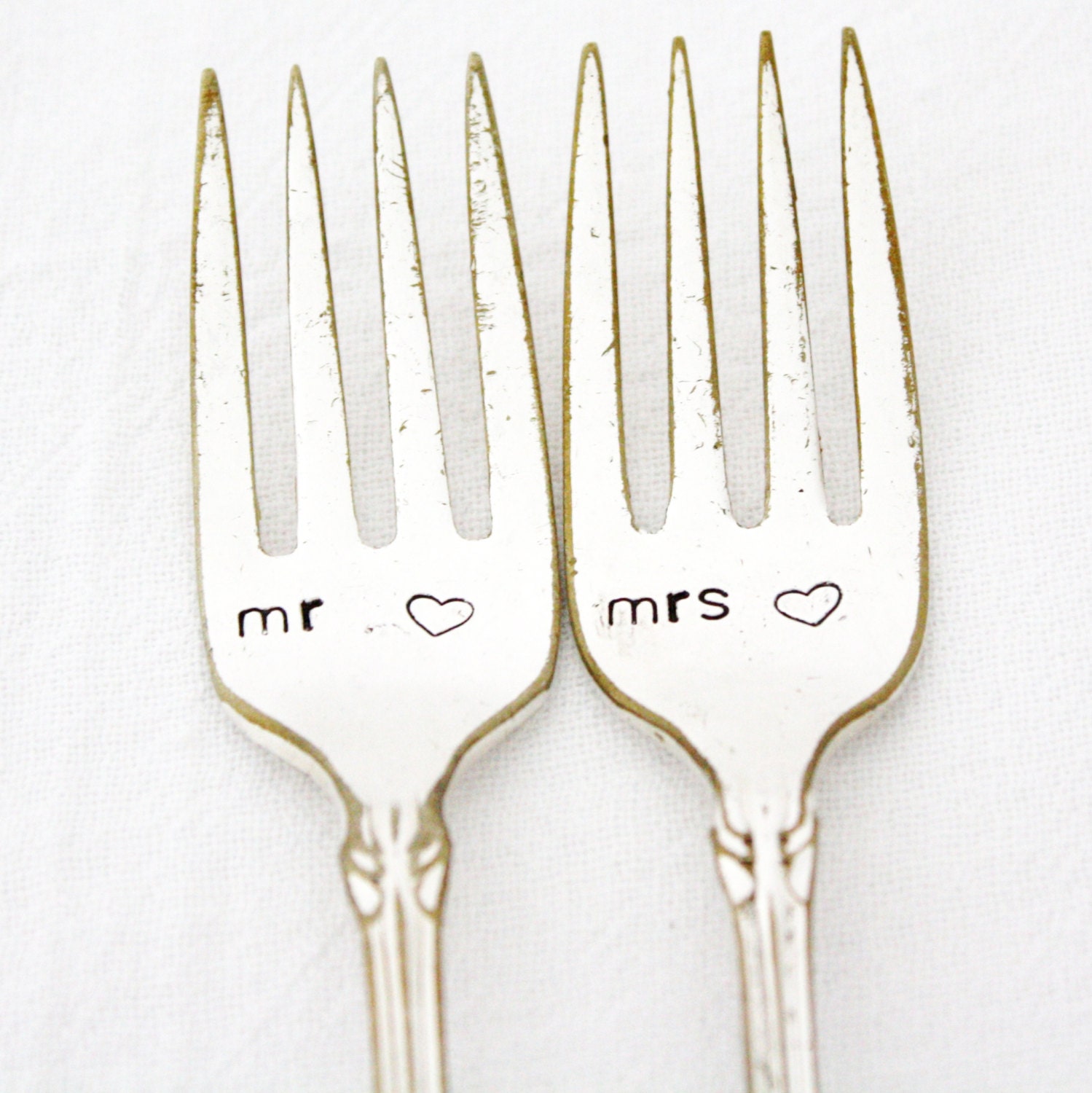 Mr and Mrs wedding forks, wedding table setting. Unique engagement gift. As featured by Martha Stewart Weddings.