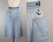 vintage denim wrap skirt / nautical skirt / 1970s wrap skirt / anchor skirt