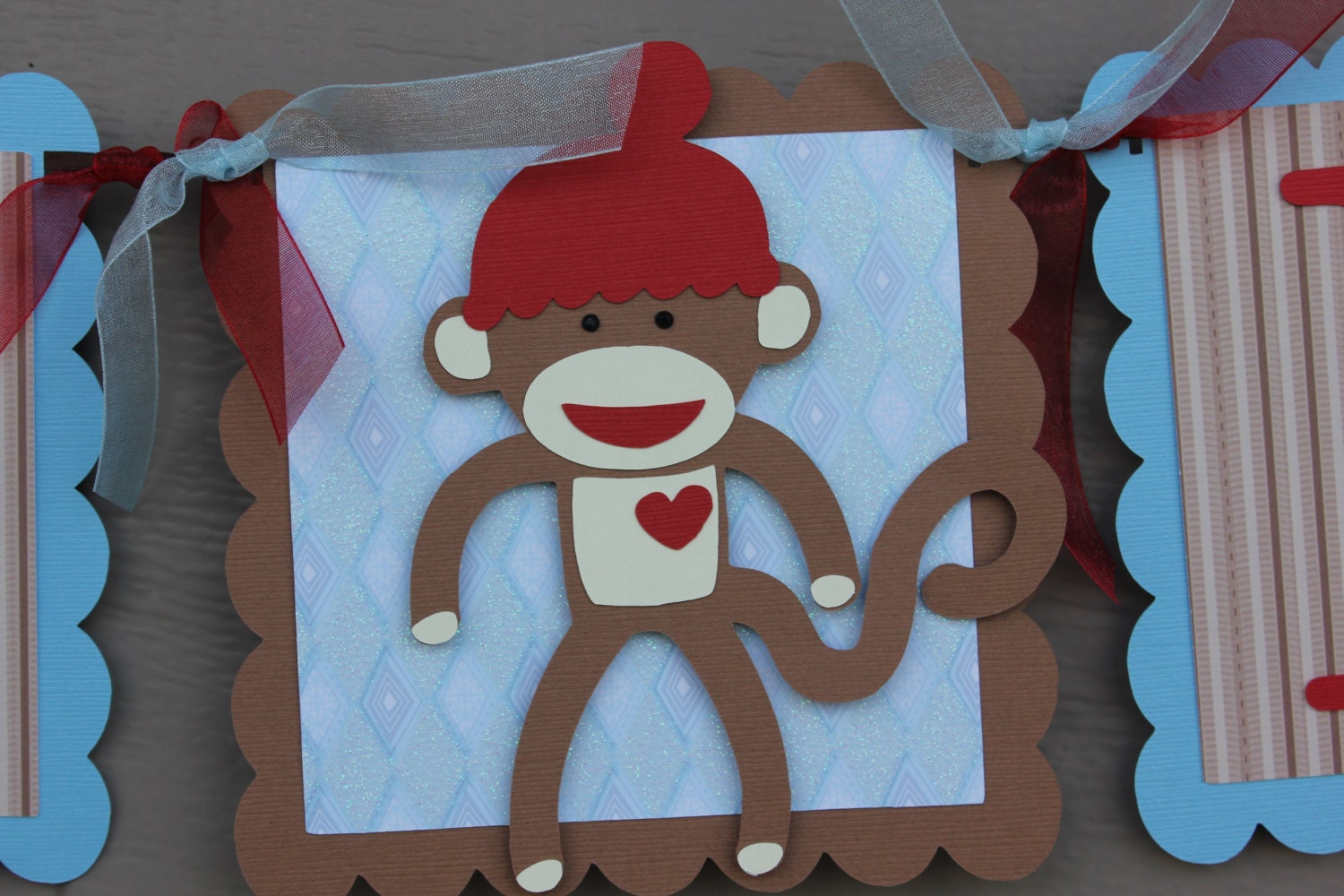 Sock Monkey It's a Boy Banner Blue, Red and Brown