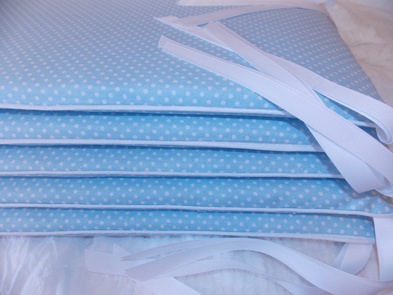 Crib Bumper Pad Set - Baby Boy Nursery - Blue, White, Polka Dots - White Grosgrain Ribbon, White Piping