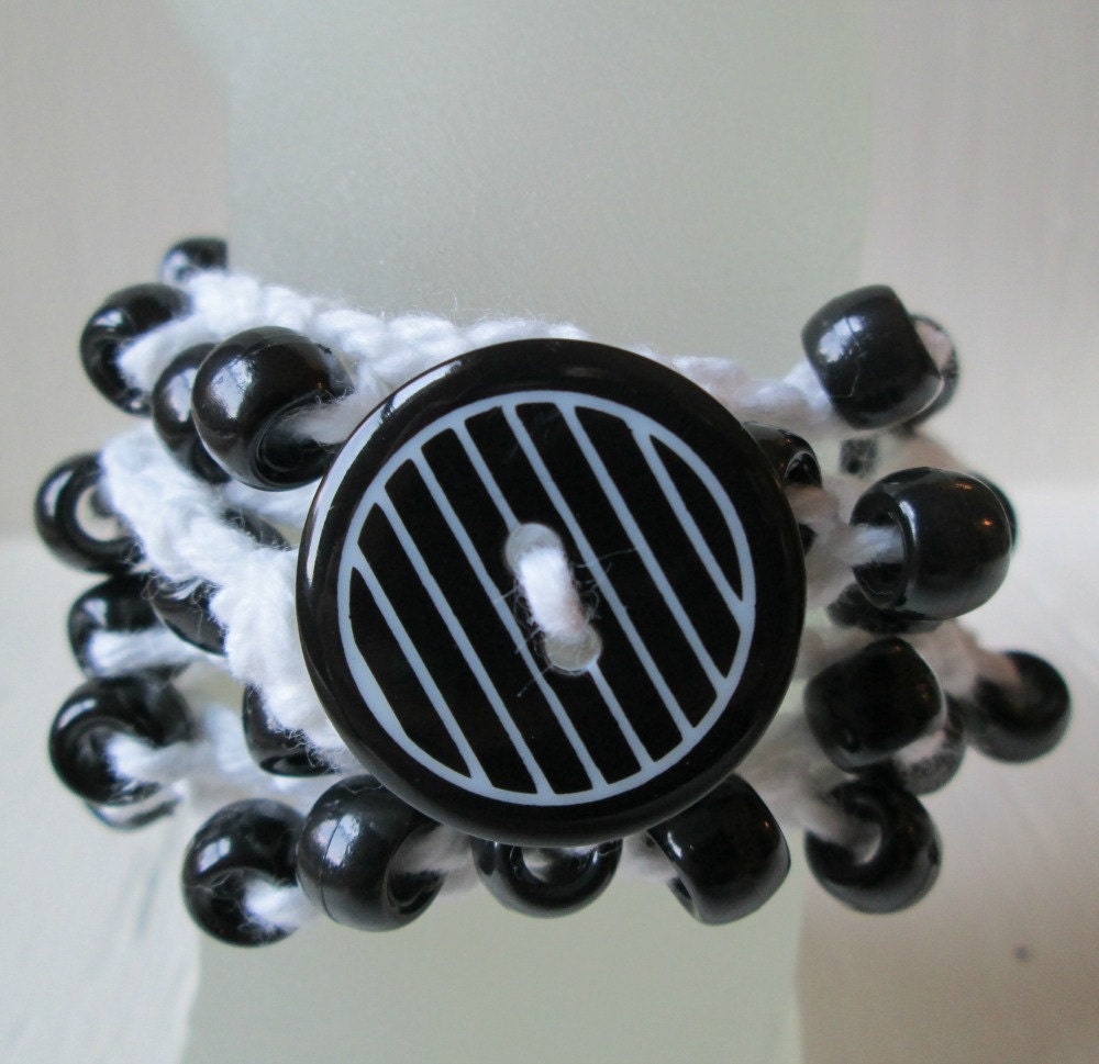 RESERVED FOR LUCI Black and white striped Wrap Bracelet, Button Closure, Crochet Cotton Accessories