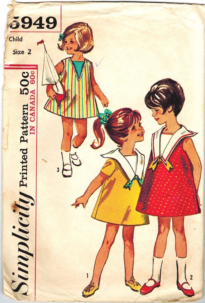 Simplicity 5949 Adorable Vintage 60s Toddler Girls Sailor Collar and Bows A Line Dress Sleeveless or Short Sleeves Sewing Pattern Size 2