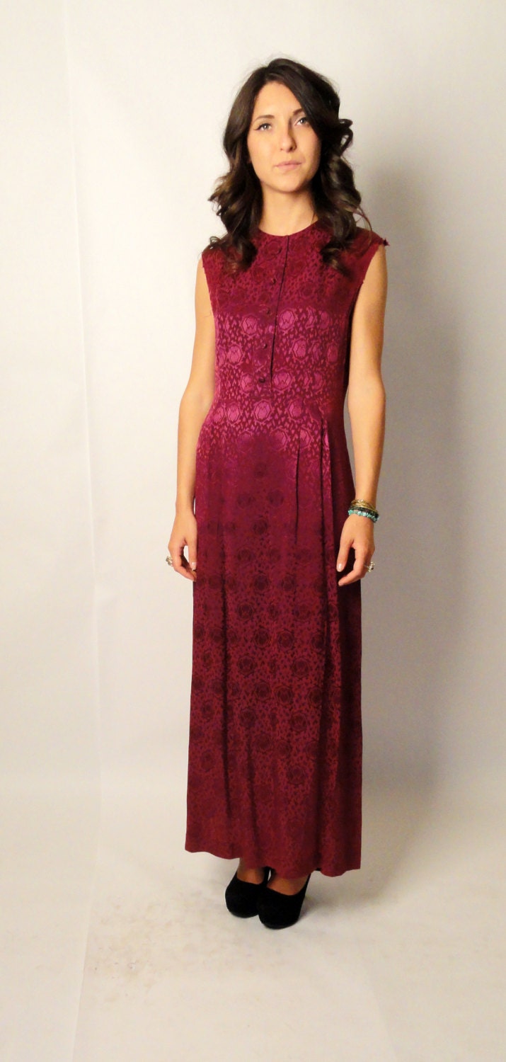 vintage 70s shiny purple brocade maxidress - decorative button down front - wallpaper dress - small S medium M